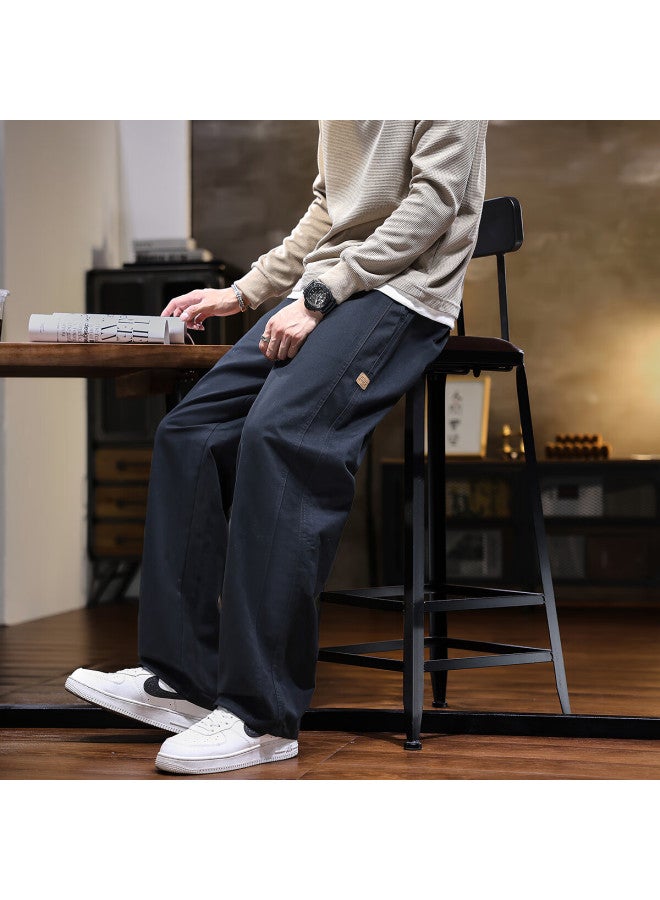 Tonlion  Autumn Winter Men's Woven Front Leather Patch Loose Straight Casual Pants - Image 1