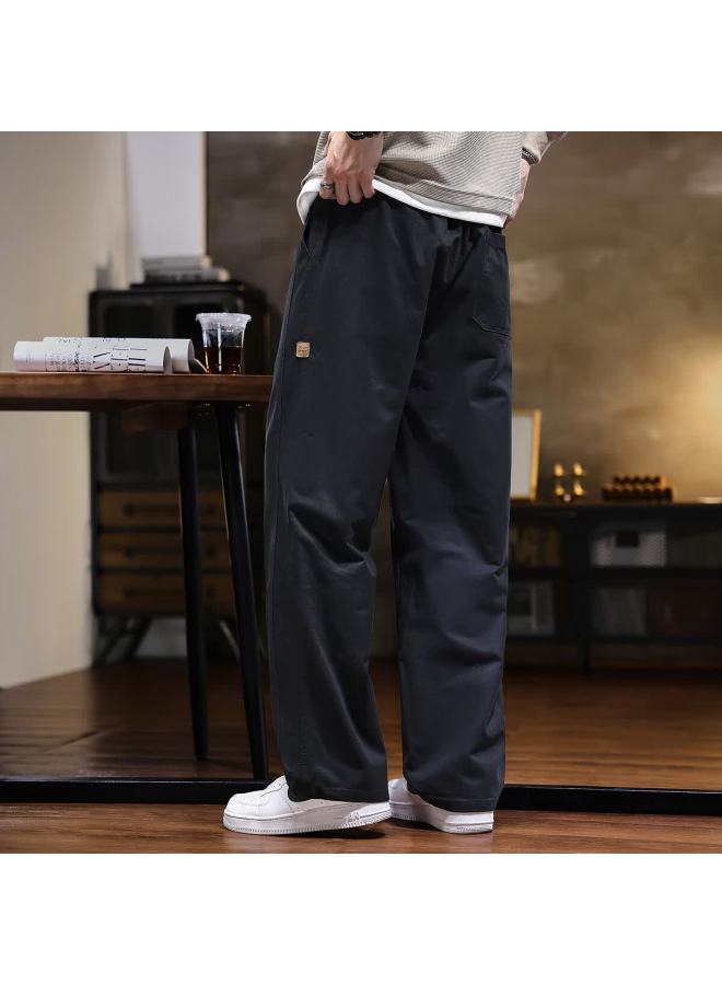Tonlion  Autumn Winter Men's Woven Front Leather Patch Loose Straight Casual Pants - Image 3