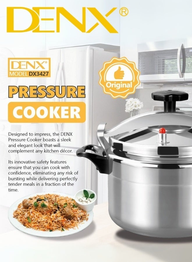 Denx DX3427 Original 11L Aluminum Pressure Cooker with 28cm Diameter, Modern and Elegant Design Featuring Secure Locking Lid, Innovative Safety System with Smart Pressure Valve Preventing Bursting, Strong Single Bottom Ensuring Even Heat Distribution for Fast and Healthy Cooking, Perfect for All Types of Meals and Large Families in Stylish Contemporary Kitchens - Image 1