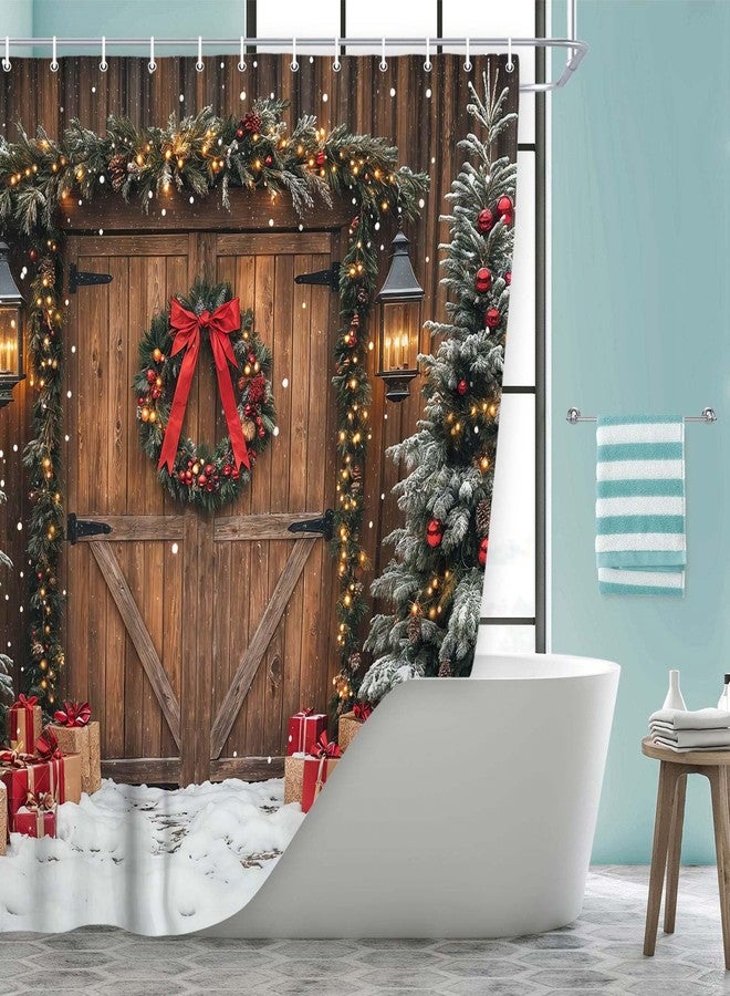 Uokiuki Farmhouse Christmas Shower Curtain, Winter Xmas Tree Snowflake Wooden Barn Door Home Decor Country Vintage Polyester Fabric Bathroom Curtains 70X70IN - Image 3