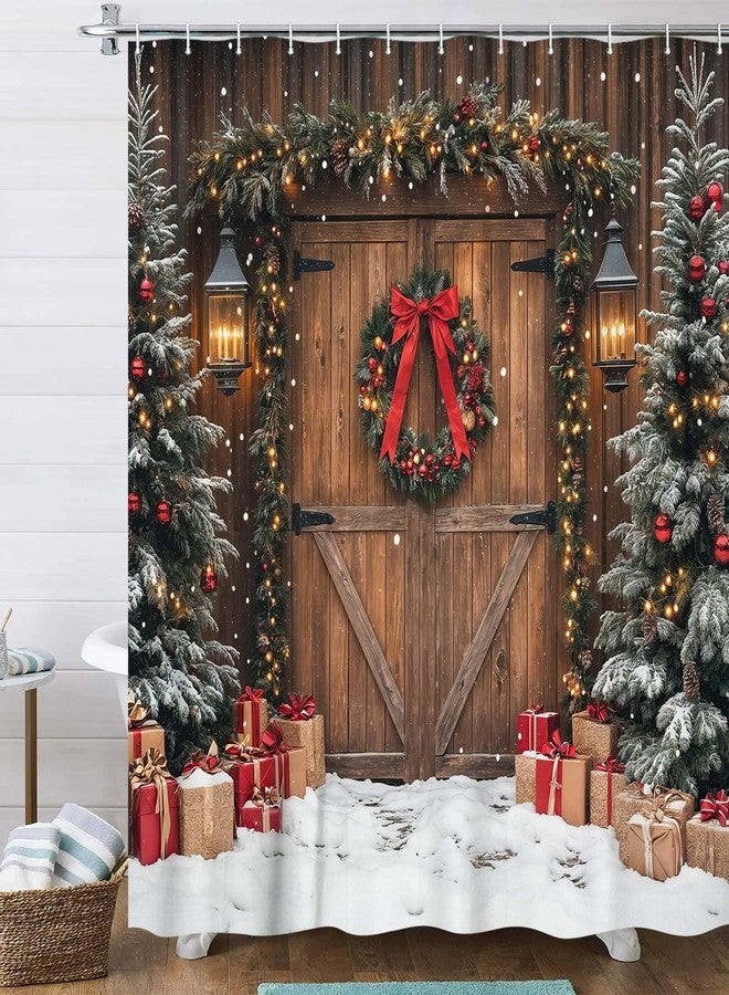 Uokiuki Farmhouse Christmas Shower Curtain, Winter Xmas Tree Snowflake Wooden Barn Door Home Decor Country Vintage Polyester Fabric Bathroom Curtains 70X70IN - Image 1