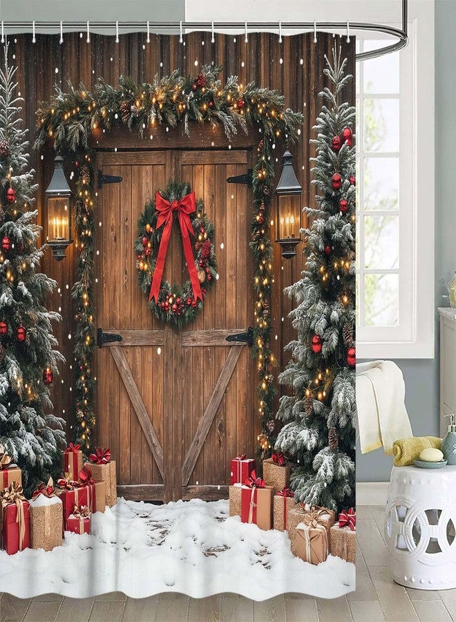 Uokiuki Farmhouse Christmas Shower Curtain, Winter Xmas Tree Snowflake Wooden Barn Door Home Decor Country Vintage Polyester Fabric Bathroom Curtains 70X70IN - Image 2