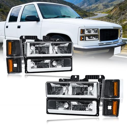 Fullux LED DRL Headlights Coner Lights for 1994-1998 Silverado & 1994-1999 Chevy Tahoe Suburban C10 C/K 1500 2500 3500 Black Housing Amber Reflector - Image 1
