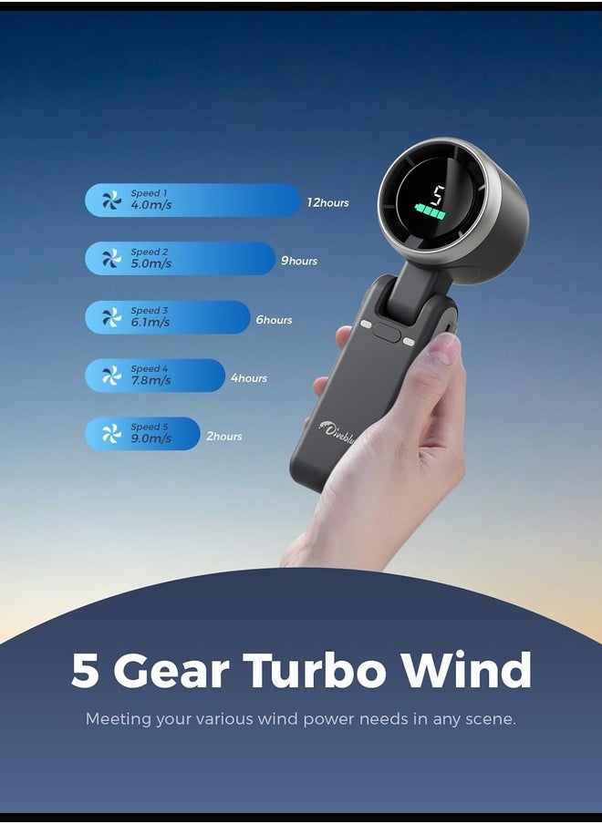 Portable Handheld Turbo Fan, 5 Gear Wind, Battery Operated, Up to 12 Working Hours, 3 IN 1 Hand Fan with Air Turbo Tech Cooling Fan for Outdoor Activities, Travel, Working