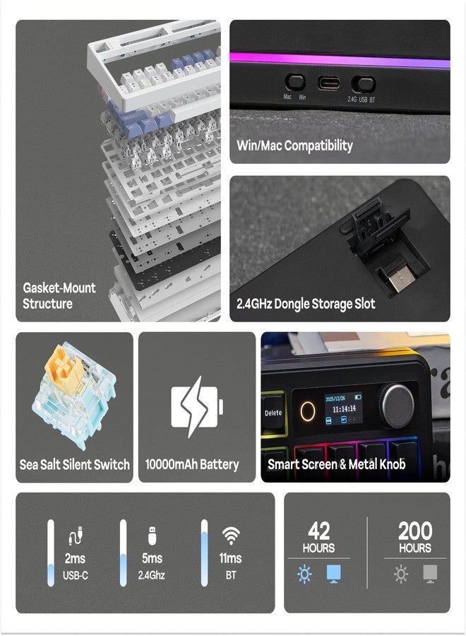 ابوماكر لوحة مفاتيح EPOMAKER TH99 PRO الميكانيكية بنسبة 96% مع شاشة ومقبض، بطارية 10000 مللي أمبير، 2.4 جيجاهرتز/بلوتوث، تبديل سريع، برنامج تشغيل مخصص، إضاءة خلفية RGB، غطاء مفاتيح PBT، لوحة مفاتيح ألعاب لاسلكية لأجهزة الكمبيوتر الشخصية/ماك (أسود، هادئ بلون ملح البحر) - Image 2