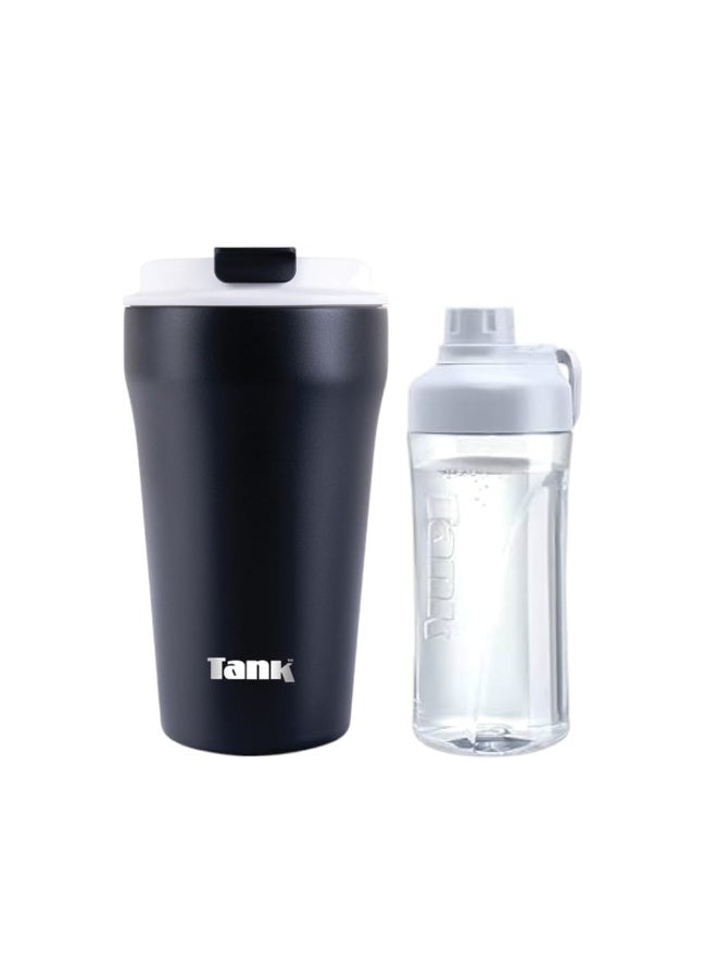 Tank Premium Set - Everyday Insulated Thermal Mug 350ml with Tritan Water Bottle 550ml - Black & Clear