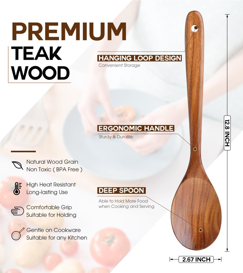 ICSTI Wooden Spoons for Cooking, Natural Premium Teak Wooden Spoons, Good Grip Large Cooking Spoons and Wooden Spatula, Heat Resistant Wooden Cooking Utensils for Nonstick Cookware Serving, Perfect Gifts - Image 2