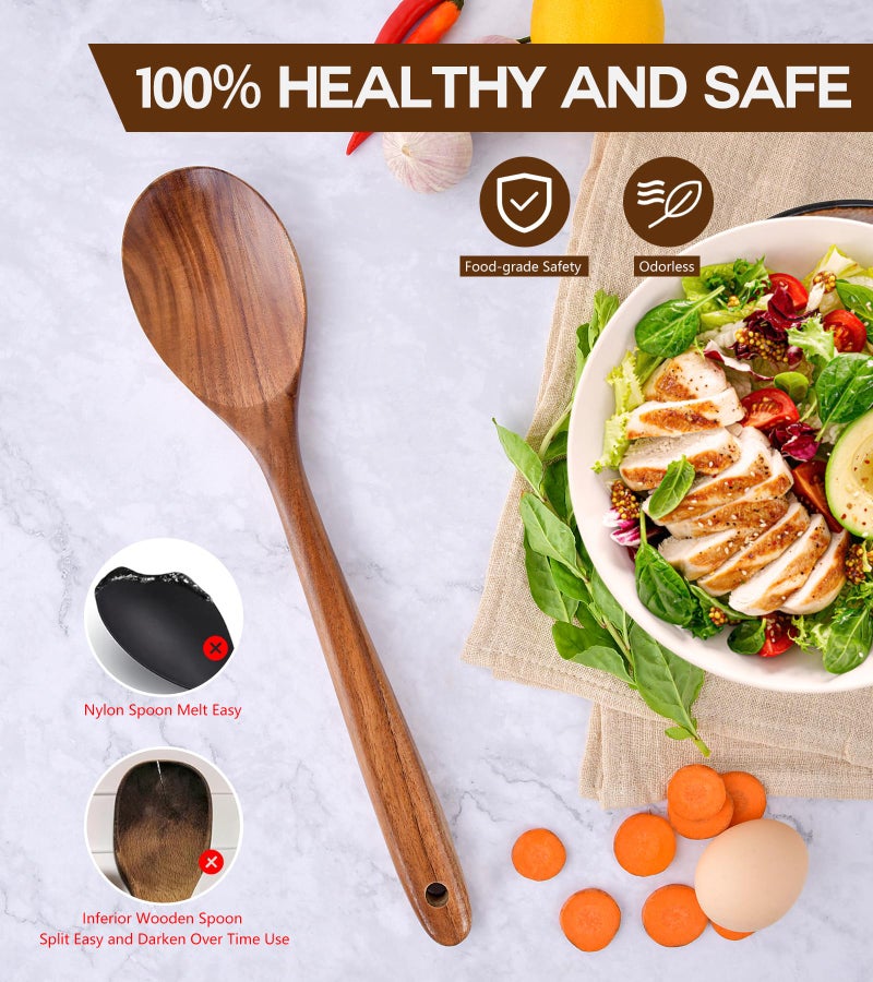 ICSTI Wooden Spoons for Cooking, Natural Premium Teak Wooden Spoons, Good Grip Large Cooking Spoons and Wooden Spatula, Heat Resistant Wooden Cooking Utensils for Nonstick Cookware Serving, Perfect Gifts - Image 5