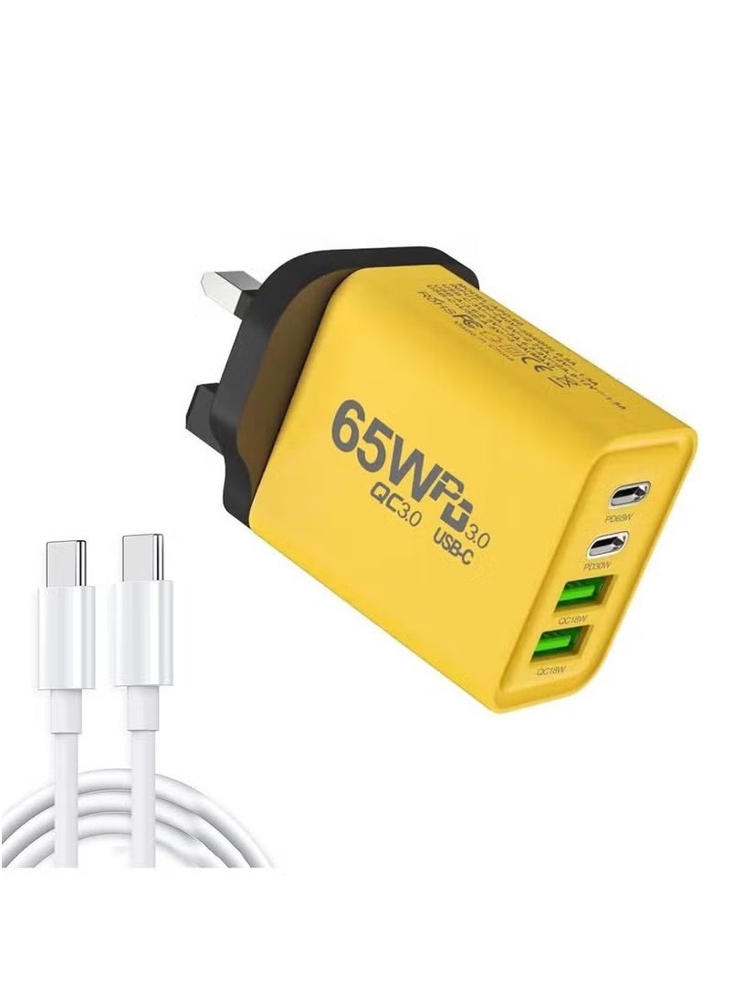 65W Type C Charger with Cable,Super Fast GaN Wall Charger with 2 PD USB C 2 QC USB A Laptop Charger,4-Port Compact Foldable UK Plug Adaptor for MacBook Air Samsung iPhone iPad Galaxy Huawei Xiaomi and More
