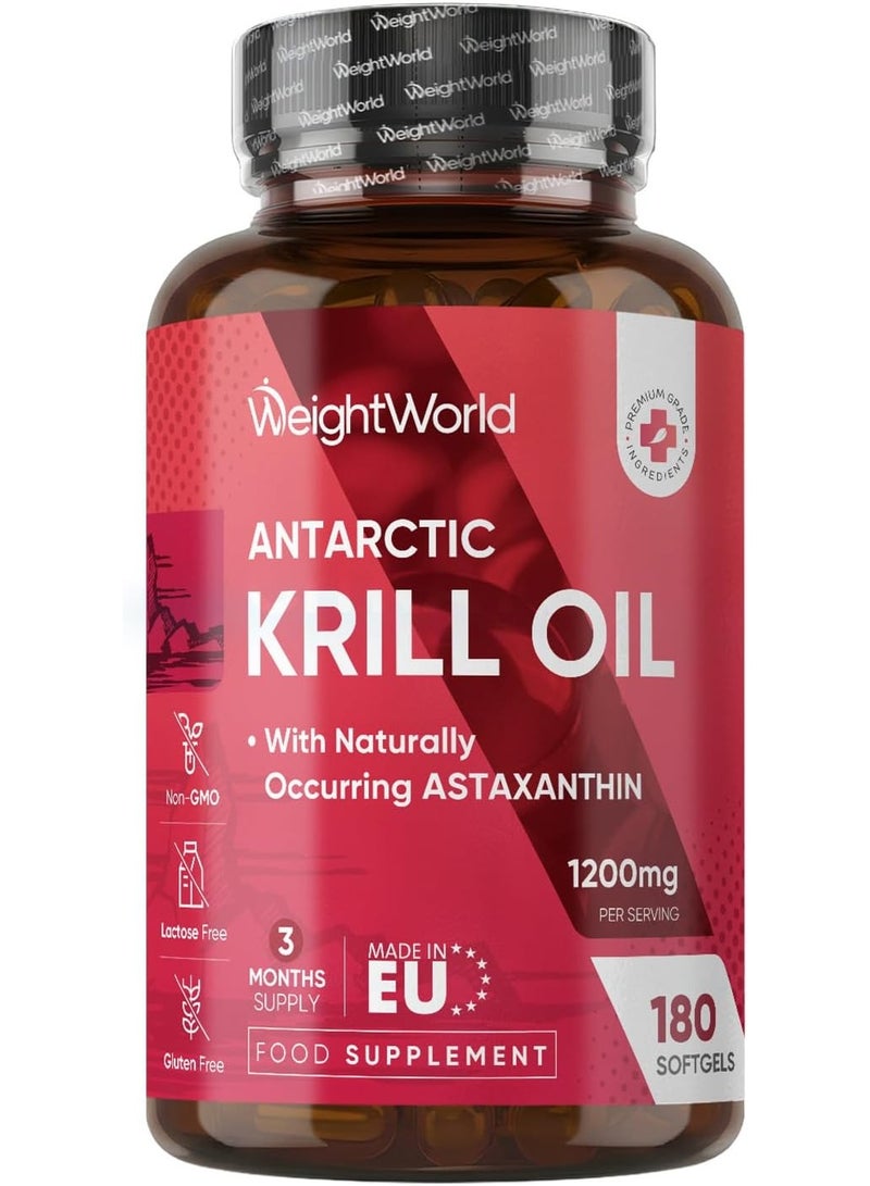 WeightWorld Antarctic Krill Oil Capsules - 1200mg - 3 Months Supply - 180 Red Krill Oil Softgels - Omega 3 Fatty Acids Supplements - Providing Astaxanthin, Marine Phospholipids, EPA, DHA & Choline - Image 1