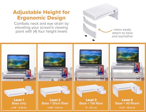 Bostitch Konnect Adjustable Monitor Riser with Drawer Cell Phone Stand Pencil Holder Laptop Stand for Desk 4 Height Levels Cable Management Rubber Feet - Image 3
