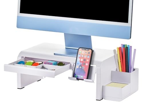 Bostitch Konnect Adjustable Monitor Riser with Drawer Cell Phone Stand Pencil Holder Laptop Stand for Desk 4 Height Levels Cable Management Rubber Feet - Image 1
