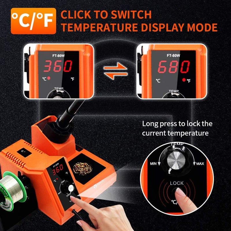 TOAUTO Soldering Station,80W Digital Solder Iron Station Kit with 176°F-896°F Temperature, C/F Func, Auto Standby & Sleep, Temperature Lock,5 Extra Solder Tips, Solder Bracket, Solder Sucker (Orange) - Image 5