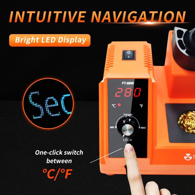 TOAUTO Soldering Station,80W Digital Solder Iron Station Kit with 176°F-896°F Temperature, C/F Func, Auto Standby & Sleep, Temperature Lock,5 Extra Solder Tips, Solder Bracket, Solder Sucker (Orange) - Image 4