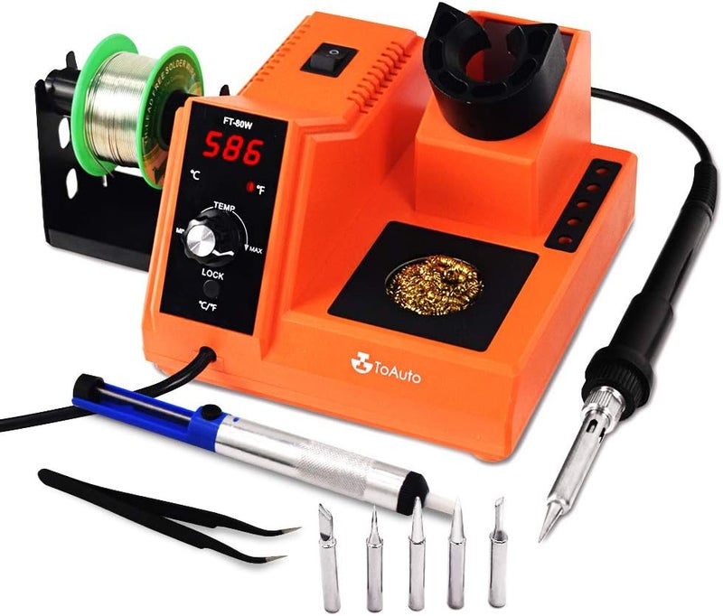 TOAUTO Soldering Station,80W Digital Solder Iron Station Kit with 176°F-896°F Temperature, C/F Func, Auto Standby & Sleep, Temperature Lock,5 Extra Solder Tips, Solder Bracket, Solder Sucker (Orange) - Image 1