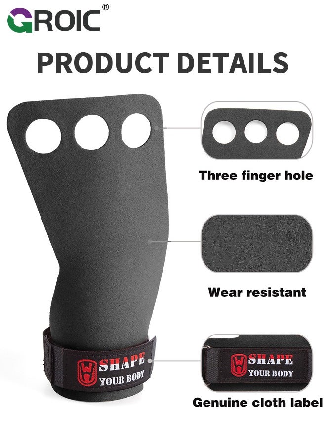 GROIC 1 Pair 3 Hole Gymnastics Hand Grips, Fitness Gloves for Weight Lifting, Powerlifting, Strength Training, Pull-up, Weightlifting Wrist Straps Non-slip Workout Gloves (Black)  - Image 2