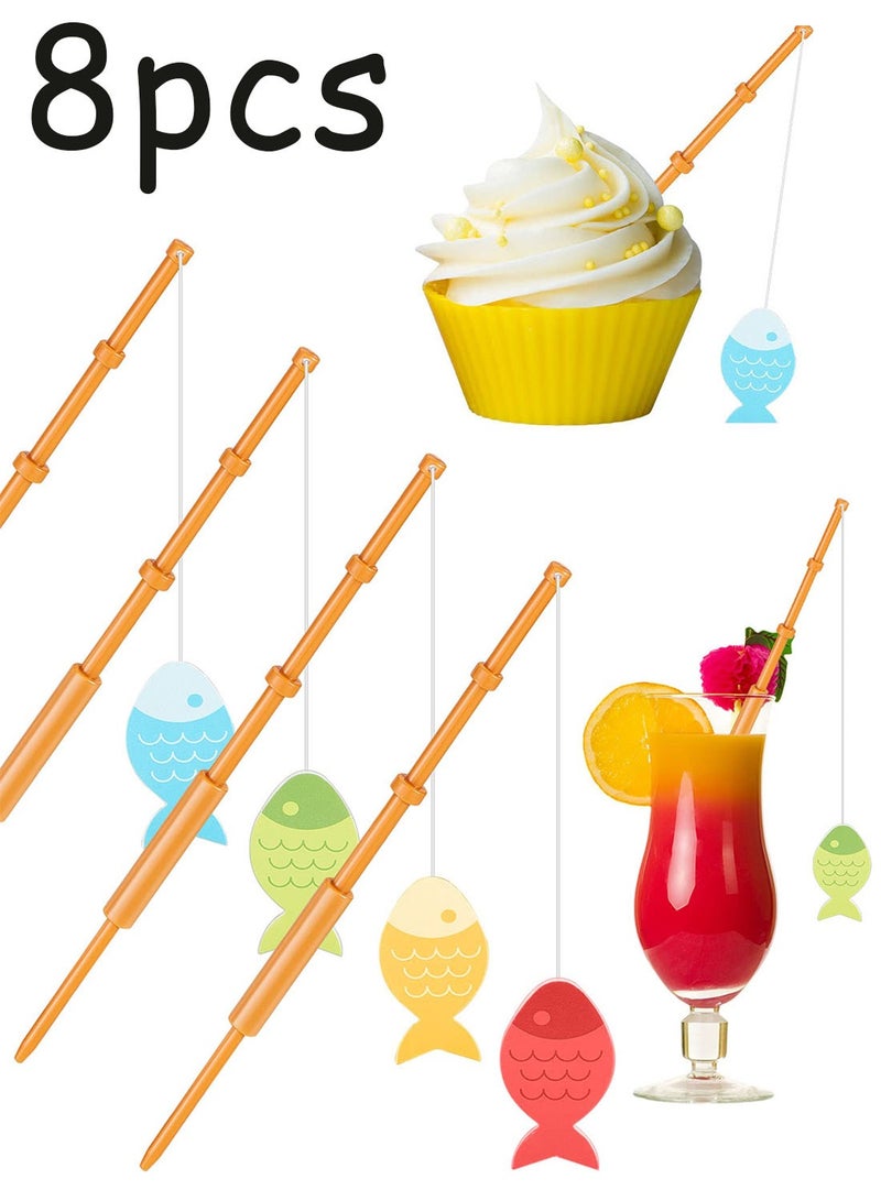 8 Pieces Mini Fish Pole Cupcake Picks Little Fisherman Fishing Pole Decor for Birthday Tropical Party Cake Appetizer Decoration - Image 1