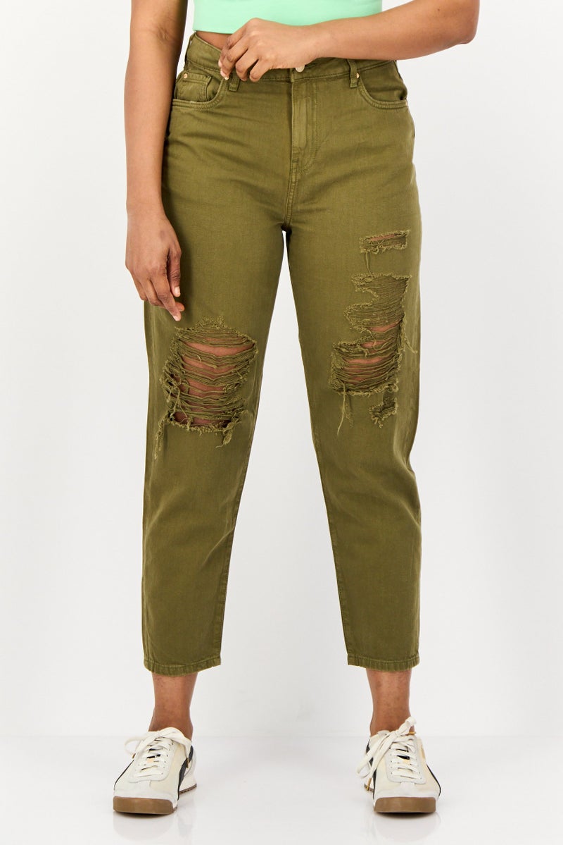 ONLY Women Boyfriend Fit High Waist Ripped Non Stretch Denim Jeans, Olive  - Image 1