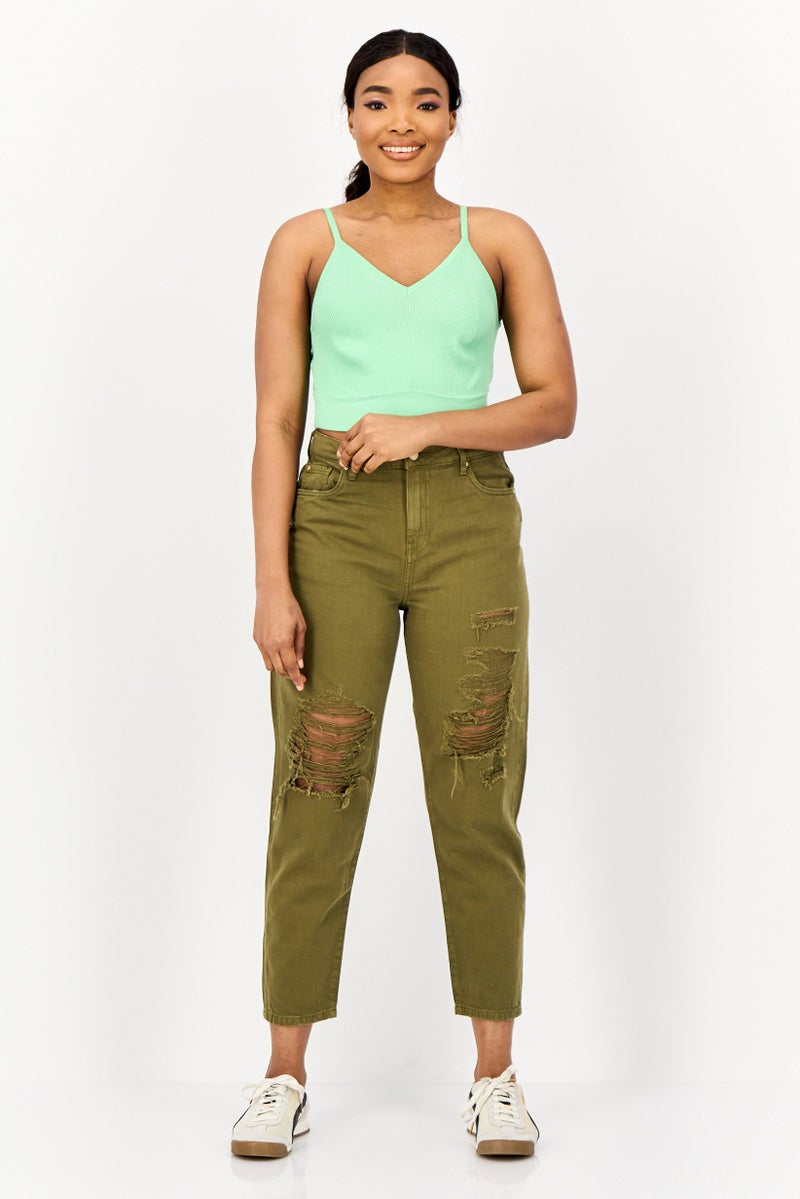 ONLY Women Boyfriend Fit High Waist Ripped Non Stretch Denim Jeans, Olive  - Image 4
