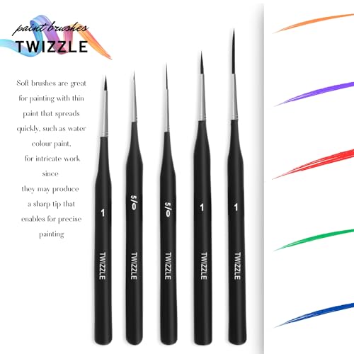 Twizzle Fine Detailing Painting Brushes Set for Art - 5pcs Professional Miniature Liner Brushes Detailing & Painting for Acrylic, Crafts, Acrylic, Watercolor, Oil, Model, Face, Gouache (Matte Black) - Image 2