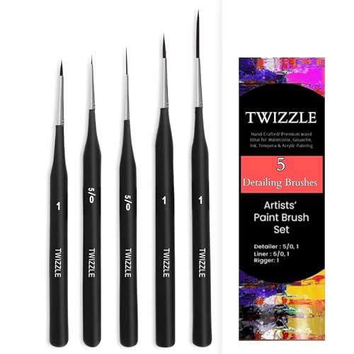 Twizzle Fine Detailing Painting Brushes Set for Art - 5pcs Professional Miniature Liner Brushes Detailing & Painting for Acrylic, Crafts, Acrylic, Watercolor, Oil, Model, Face, Gouache (Matte Black) - Image 1