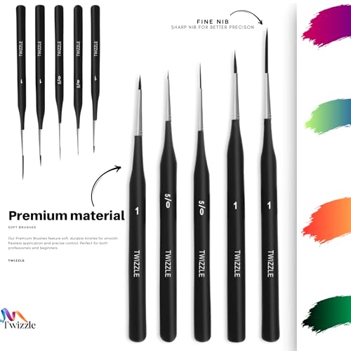 Twizzle Fine Detailing Painting Brushes Set for Art - 5pcs Professional Miniature Liner Brushes Detailing & Painting for Acrylic, Crafts, Acrylic, Watercolor, Oil, Model, Face, Gouache (Matte Black) - Image 4