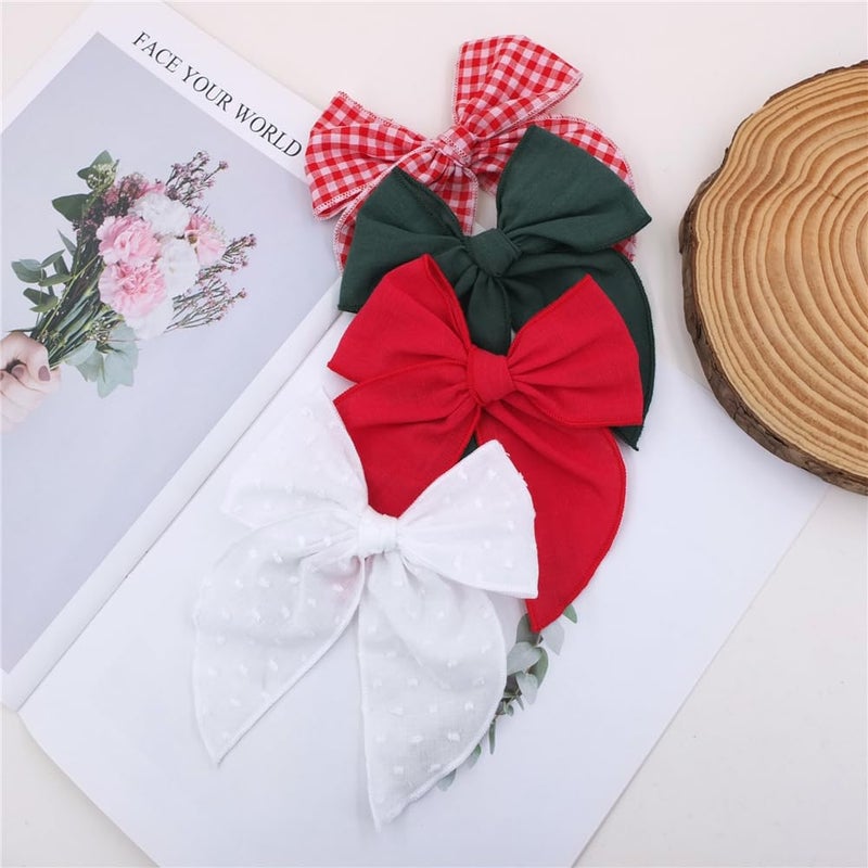 Sugarmelon Pack of 4 Gorgeous Fable Bow Hair Clips for Girls Women Linen Hair Bow Alligator Clips Toddler Baby Mom Young Girl Hair Accessories (Red/Green) - Image 2