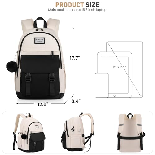 WINDARS School Backpack for Teen Girls, Cute College Backpacks for Women Students Aesthetic Bookbag Large 15.6 Inch Laptop Bag Middle School Travel Back Pack (Black Beige) - Image 3