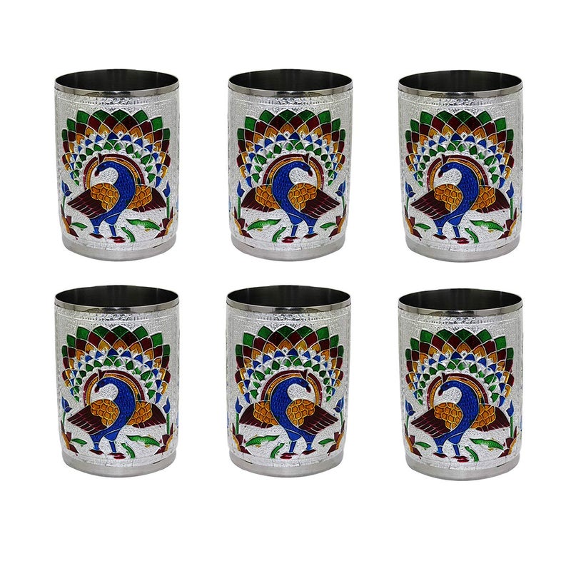 Rockshok Stainles Steel Glass Indian Handmade Meenakri Work Peacock Design Silver Color Diwali ChristmasTumbler Gift Set Set of 6 - Image 1