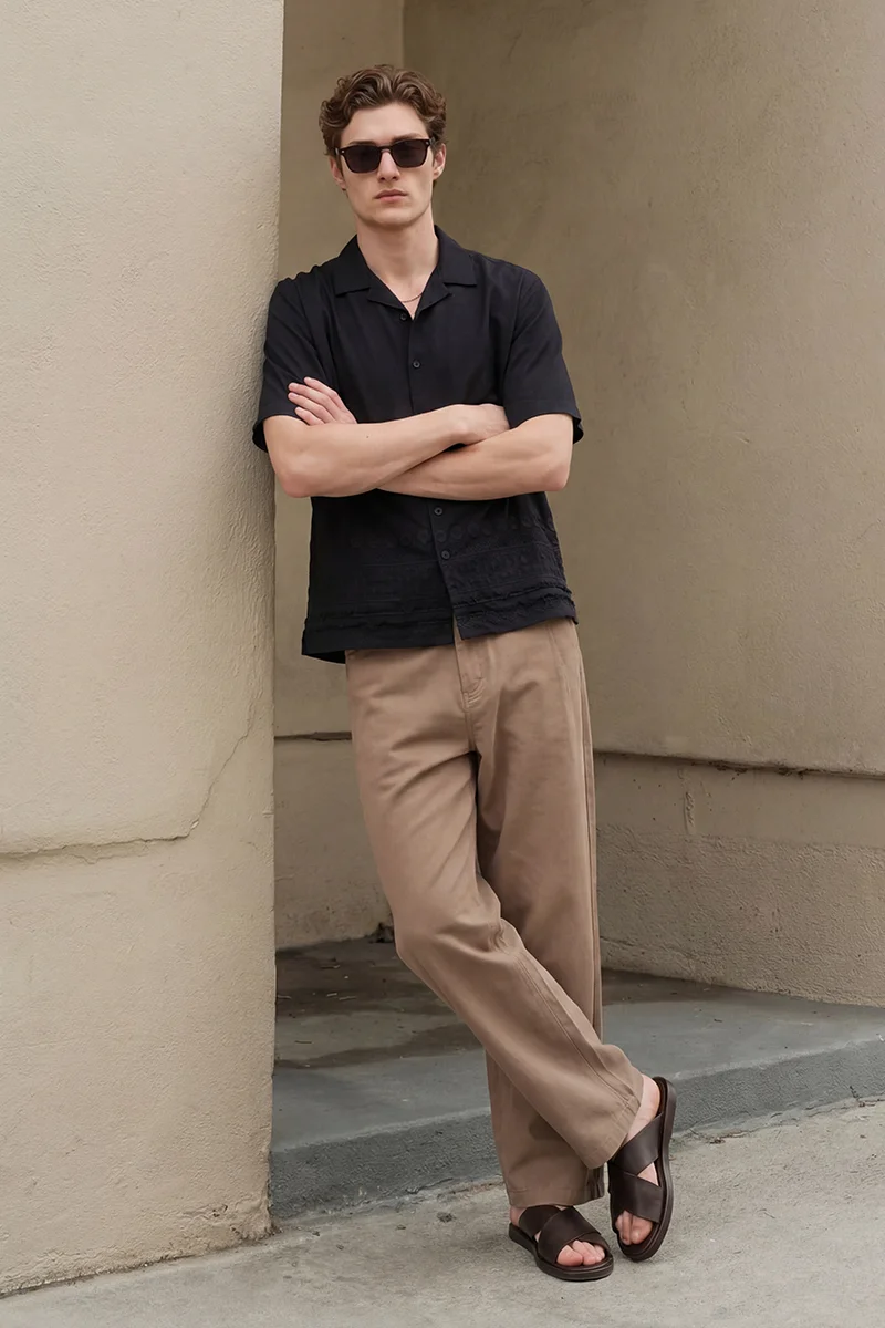 SNITCH Khaki Solid Wide Leg Casual Trousers