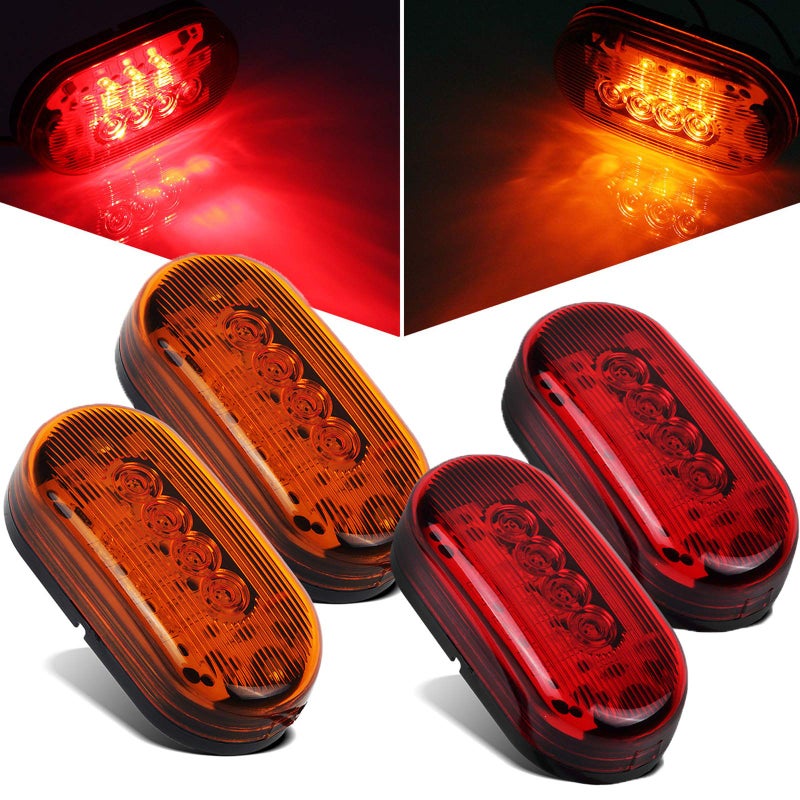 Partsam 2 Amber 2 Red 12V 4 x 2 Oval Led Truck Side Marker Light Surface Mount 10 Diodes Sealed Trailer Led Clearance and Side Marker Lights Black Base Rectangular Rectangle Led Lights