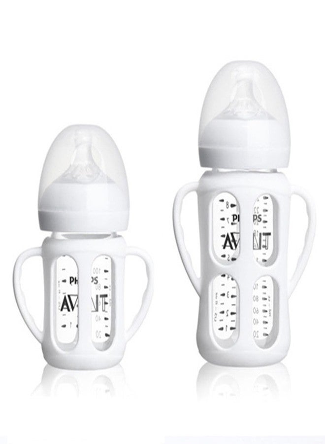 ROMIRUS 2 Pack Silicone Sleeves for Philips Avent Glass Natural Baby Bottles 4oz and 8oz, Anti Breakage Baby Bottle Holder with Handle, Feeding Bottle Handle (White) - Image 1