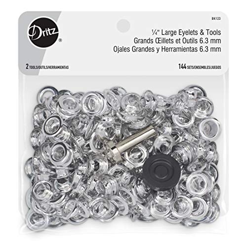 Dritz 14 Large Eyelets with Tool 144 Sets Nickel Finish Metal Eyelet Kit for Fabric Leather Drawstrings Bags Craft Projects - Image 1