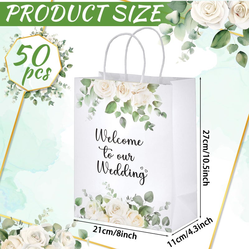 Kolldenn 50 Pcs Welcome to Our Wedding Gift Bags for Hotel Guests Bulk, Paper Wedding Welcome Bags with Handles for Bridal Shower Gifts Engagement Party Favors (White Roses) - Image 2