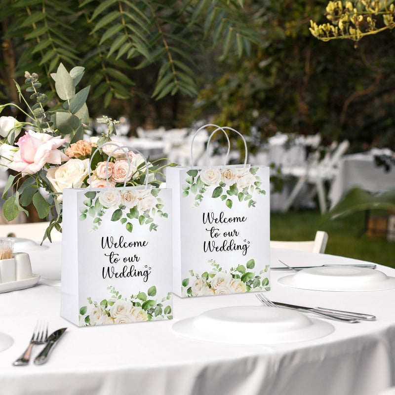 Kolldenn 50 Pcs Welcome to Our Wedding Gift Bags for Hotel Guests Bulk, Paper Wedding Welcome Bags with Handles for Bridal Shower Gifts Engagement Party Favors (White Roses) - Image 5