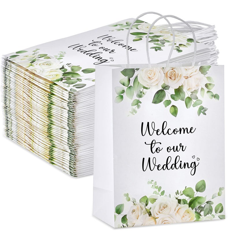 Kolldenn 50 Pcs Welcome to Our Wedding Gift Bags for Hotel Guests Bulk, Paper Wedding Welcome Bags with Handles for Bridal Shower Gifts Engagement Party Favors (White Roses) - Image 1