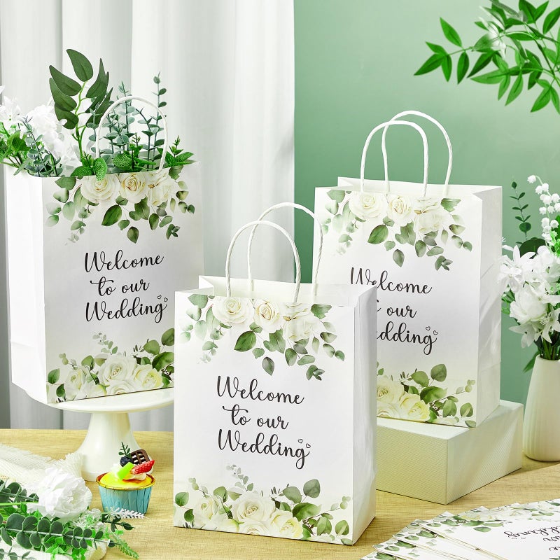 Kolldenn 50 Pcs Welcome to Our Wedding Gift Bags for Hotel Guests Bulk, Paper Wedding Welcome Bags with Handles for Bridal Shower Gifts Engagement Party Favors (White Roses) - Image 4