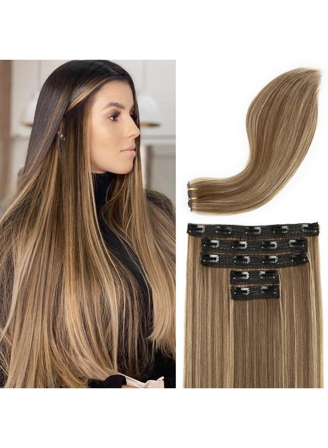 REECHO وصلات شعر بمشبك وصلات شعر سميكة طويلة من الدانتيل خفيفة الوزن مصنوعة من شعر صناعي للنساء (24 بوصة، 240 جرام (عبوة من 5 قطع) بني شوكولاتة مع خصلات أشقر ذهبية) - Image 2