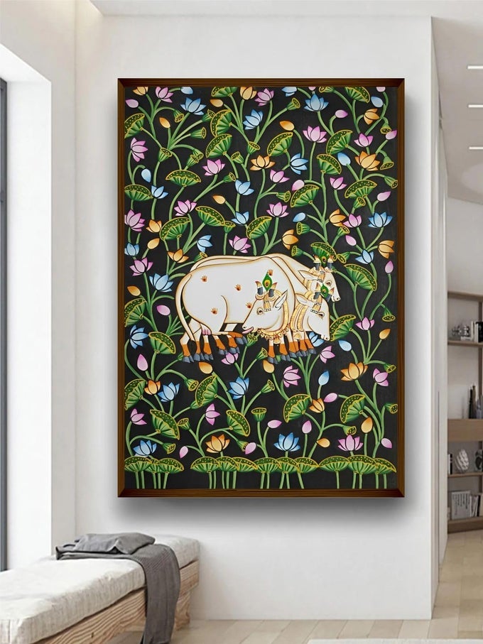 MULTICOLOR COTTON CANVAS PAINTING WITH PREMIUM FRAME COW LOVE BEAUTIFUL WALL ART FOR LIVING ROOM BEDROOM OFFICE LARGE 20X30 INCHES 508X762 CM