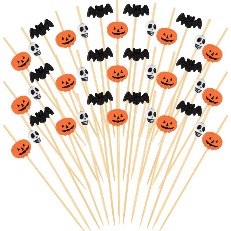 ASTARON 150 Counts Halloween Pumpkin Cocktail Picks for Halloween Party Supplies Wooden Bats and Skull Cocktail Picks 47 in Appetizer Picks Fruit Forks for Halloween Decorations