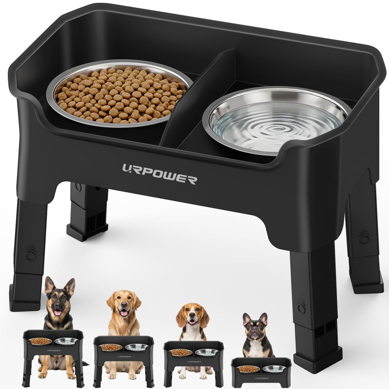 URPOWER Mess Proof Elevated Dog Bowls, High Wall Splash Guard Design, 4 Height Adjustable Raised Bowl Stand, 2 Stainless Steel Bowls, Non-Slip Food Water Set for Small Medium Large Dogs - Image 1