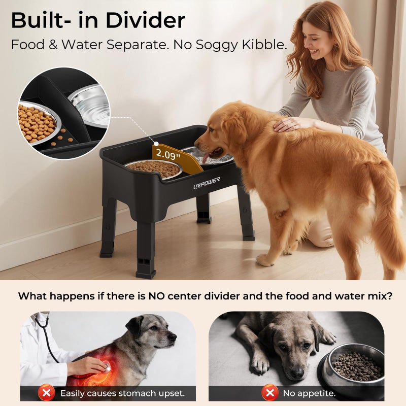 URPOWER Mess Proof Elevated Dog Bowls, High Wall Splash Guard Design, 4 Height Adjustable Raised Bowl Stand, 2 Stainless Steel Bowls, Non-Slip Food Water Set for Small Medium Large Dogs - Image 4