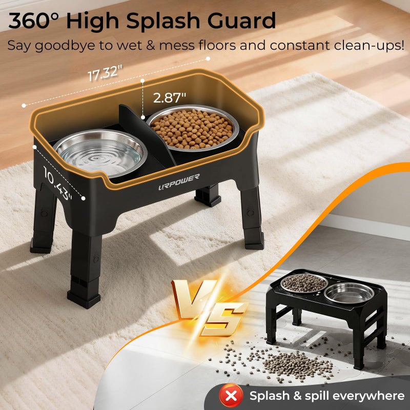 URPOWER Mess Proof Elevated Dog Bowls, High Wall Splash Guard Design, 4 Height Adjustable Raised Bowl Stand, 2 Stainless Steel Bowls, Non-Slip Food Water Set for Small Medium Large Dogs - Image 3