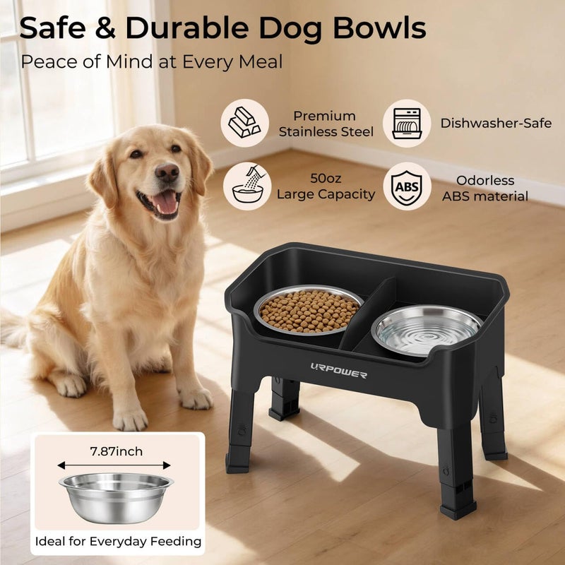 URPOWER Mess Proof Elevated Dog Bowls, High Wall Splash Guard Design, 4 Height Adjustable Raised Bowl Stand, 2 Stainless Steel Bowls, Non-Slip Food Water Set for Small Medium Large Dogs - Image 5