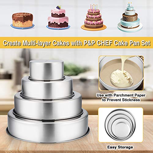 P&P CHEF طقم قوالب كعك P&P CHEF للخبز، 4" + 6" + 8" + 9.5" 4 قطع من قوالب الكعك الدائرية المصنوعة من الفولاذ المقاوم للصدأ، آمنة للاستخدام في الفرن/الوعاء/غسالة الصحون، مجموعة من أحجام مختلفة، مانعة للتسرب وسهلة التنظيف - Image 2