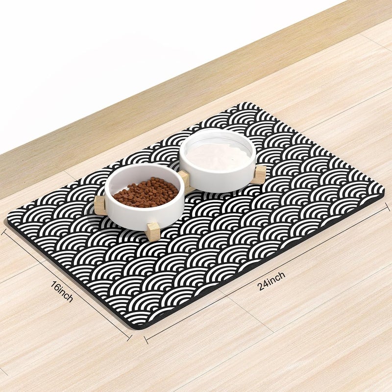 Rnivvi Dog Food Mat, 16" x 24" Absorbent Dog Cat Bowl Mat for Food and Water, Cute Anti-Slip Rubber Pet Feeding Rug Protect Floors, Puppy Placemat for Feeding & Watering Supplies,Gray Rounded Wave - Image 2