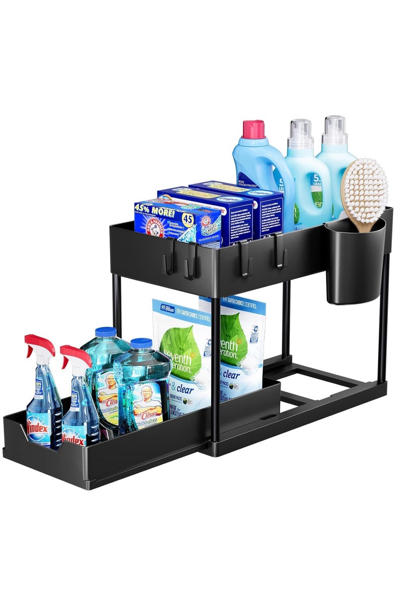 منظم خزانة قابل للسحب ذو درجين - رف تخزين أسفل الحوض للمطبخ والحمام (39.5 × 21.5 × 35.5 سم) أسود مع خطافات - Image 1