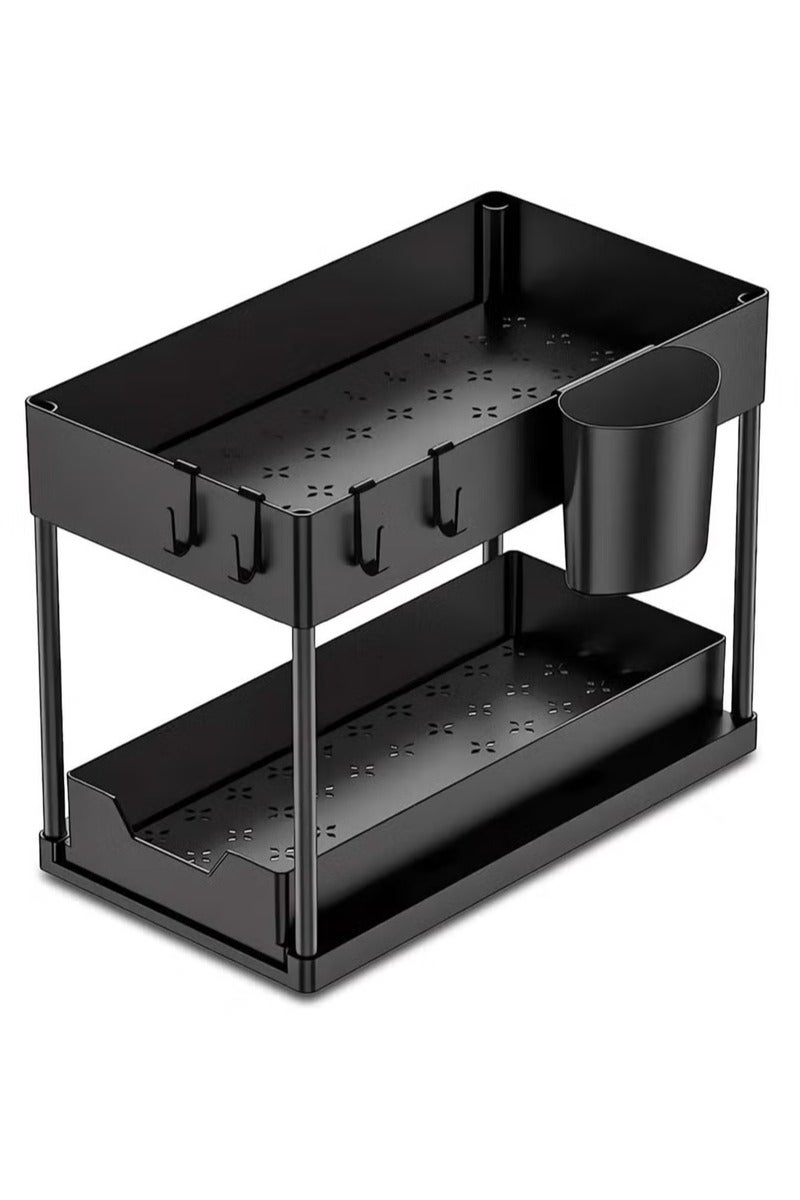منظم خزانة قابل للسحب ذو درجين - رف تخزين أسفل الحوض للمطبخ والحمام (39.5 × 21.5 × 35.5 سم) أسود مع خطافات - Image 2