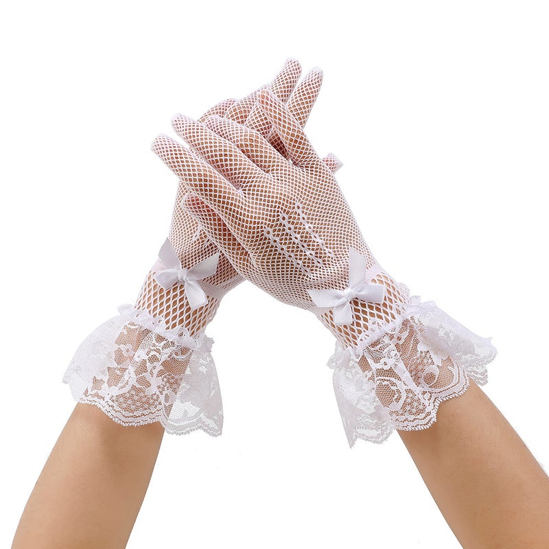 Bridal Full-Finger Lace Gloves with Rhinestones Bow lace white 