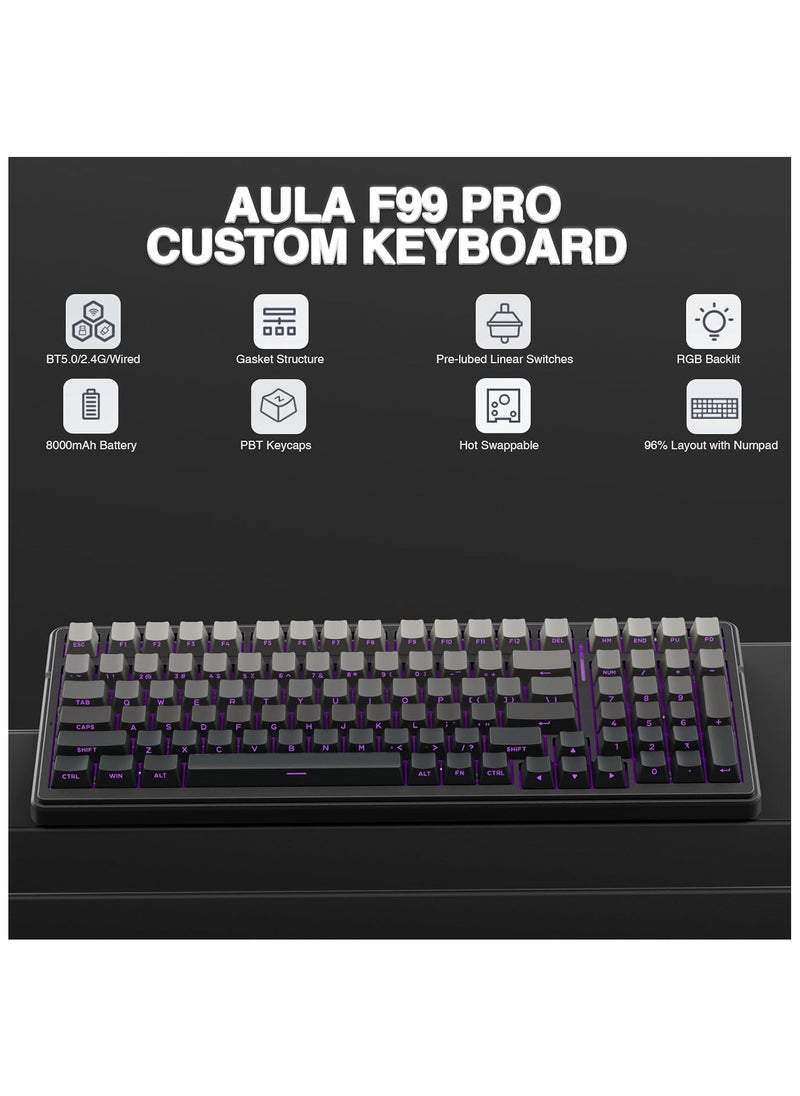 AULA - AULA F99 Pro Wireless Mechanical Keyboard,Gasket Hot Swappable Custom Keyboard,RGB Backlit,Pre-lubed Linear Switches,Side Printed PBT Keycaps,2.4GHz/USB-C/BT5.0 Mechanical Gaming Keyboard (Carving--Star Axis) - Image 1